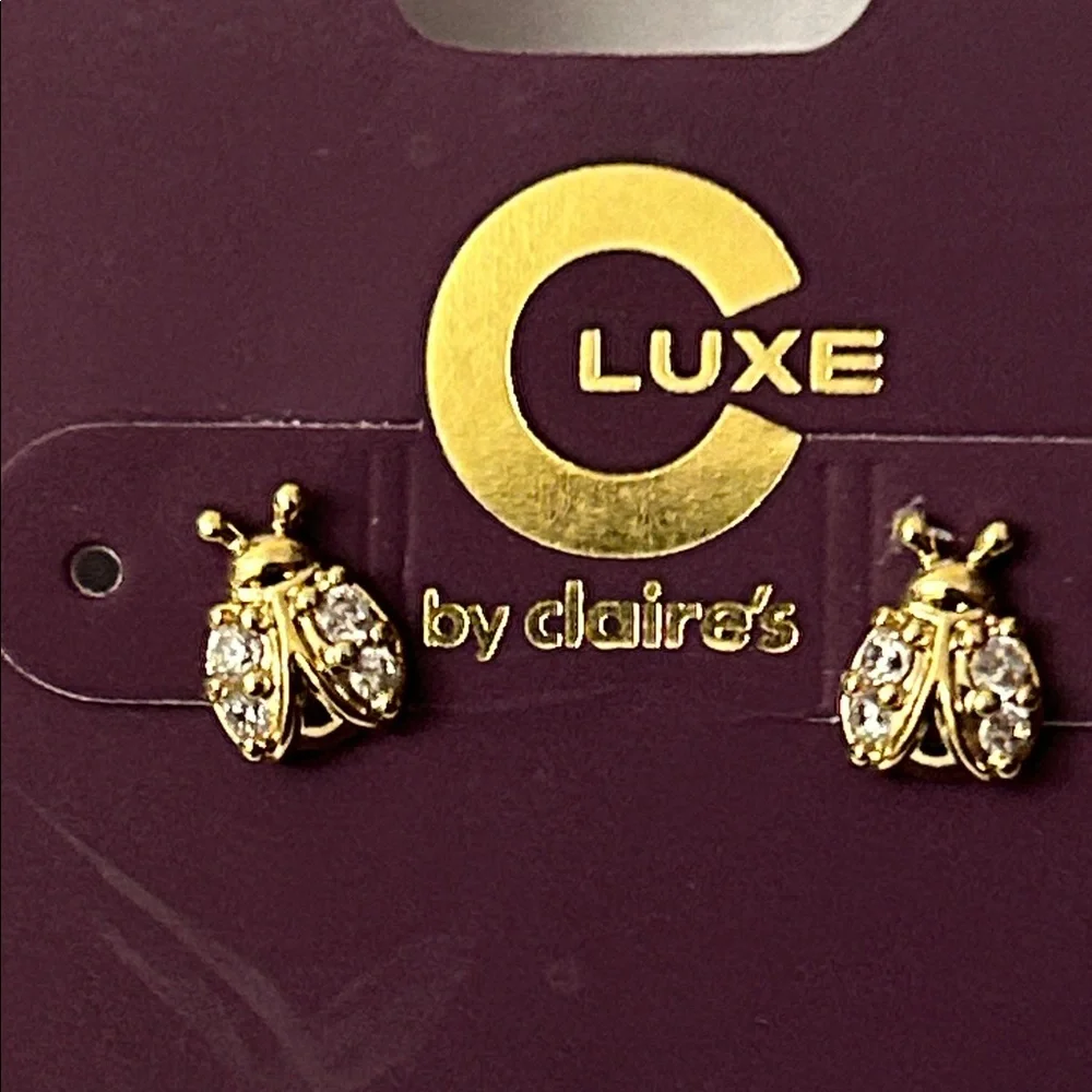 Claire's C Luxe 18Kt Gold Plated Cubic Zirconia Earrings 🐾 PAWS-Ladybug NEW